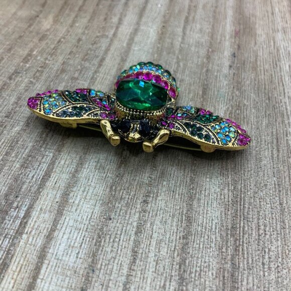 Bubble Bee Insect Green Pink Crystal Gold Tone Brooch - Picture 5 of 7